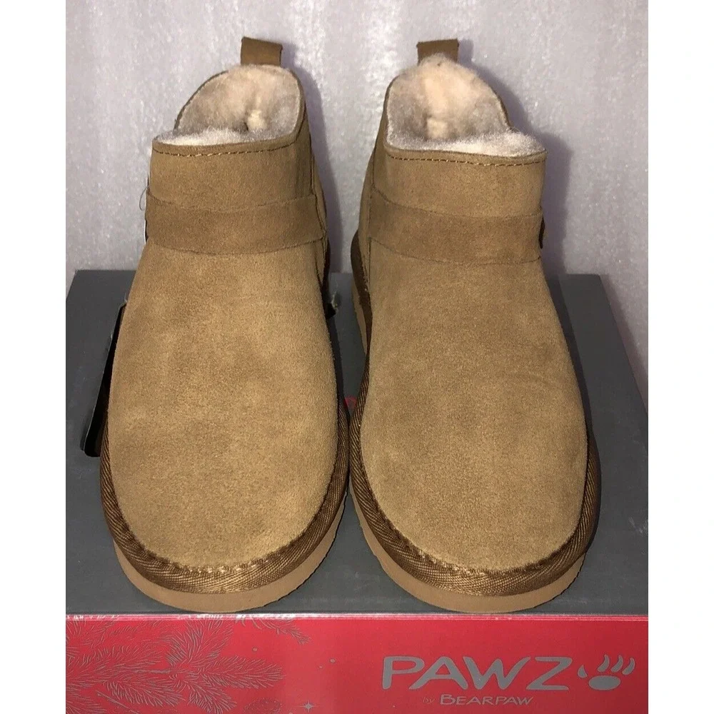 Pawz Bearpaw Amy Ankle Boots Youth Girls Size 10 Brown Genuine Suede Wool Lining
